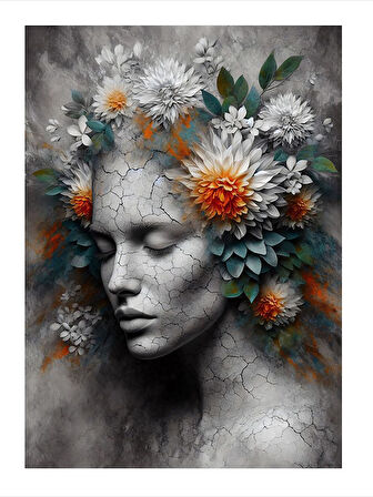 Çiçekli Kadın Yüzü Çizimi Desenli Ahşap Tablo