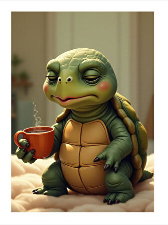 Kahve İçen Kaplumbağa Desenli Ahşap Tablo