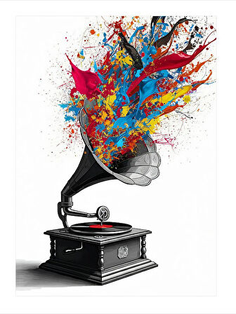 Patlayan Gramofon Çizimi Desenli Ahşap Tablo