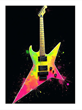 Neon Renkli Gitar Çizimi Desenli Mdf Tablo