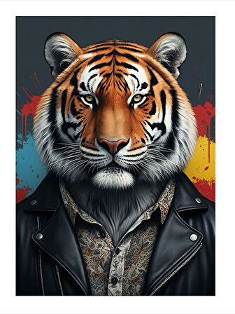 Siyah Ceketli Kaplan Desenli Ahşap Tablo