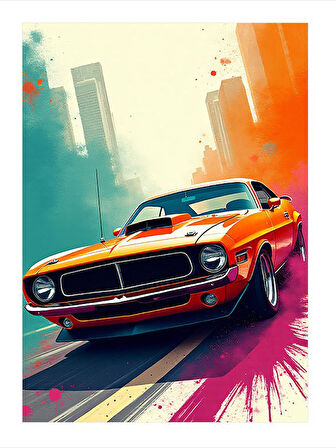 Turuncu Klasik Araba Çizimi Modern Ahşap Tablo