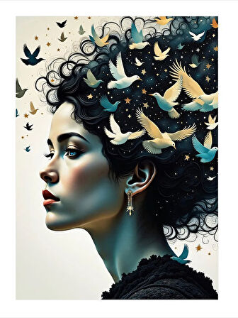 Kuşlarla Süslenmiş Kadın Yüzü Mdf Tablo