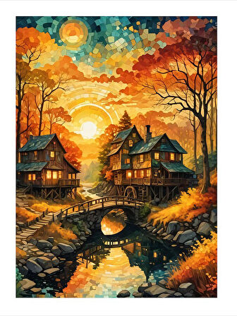 Ahşap Köy Evi Ve Nehir Desenli Ahşap Tablo