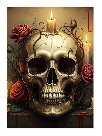 Kafatası Ve Çiçekler Hediyelik Ahşap Tablo