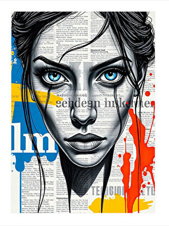 Gazete Temalı Kadın Portresi Art Mdf Tablo