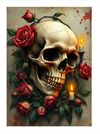 Kafatası Ve Kırmızı Güller Tasarım Mdf Tablo