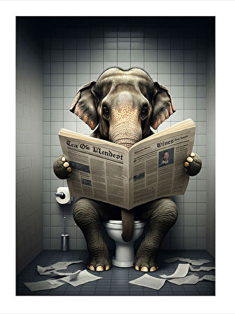 Gazete Okuyan Fil Model Ahşap Tablo