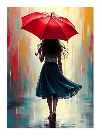 Kırmızı Şemsiye İle Yağmurda Kadın Mdf Tablo