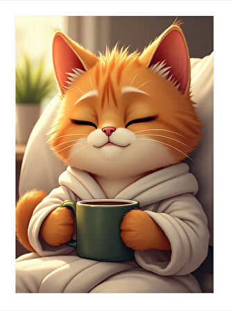 Kupa Tutan Sevimli Turuncu Kedi Tasarım Ahşap Tablo