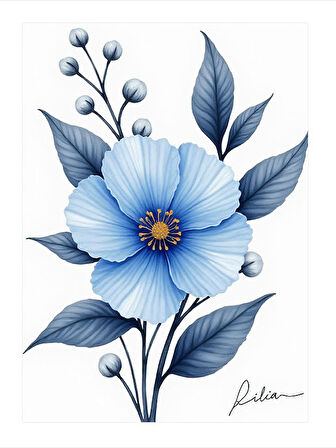 Mavi Çiçek İllüstrasyonu Dekoratif Mdf Tablo