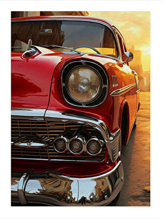 Klasik Araba Ve Gün Batımı Tasarım Ahşap Tablo