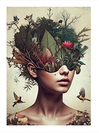 Doğa Ve Kuşlarla Kadın Portresi Model Ahşap Tablo