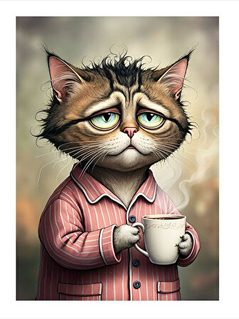 Sabah Kahvesi İle Kedi Hediyelik Ahşap Tablo