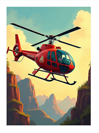 Kırmızı Helikopter Ve Manzara Art Mdf Poster