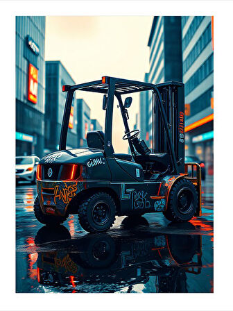 Modern Şehirde İş Makinesi Tasarım Ahşap Tablo