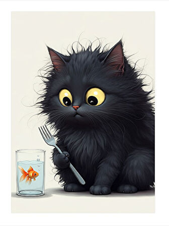 Şaşkın Siyah Kedi Ve Balık Art Mdf Poster