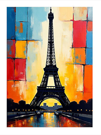 Renkli Soyut Arka Planlı Eyfel Kulesi Modern Ahşap Tablo