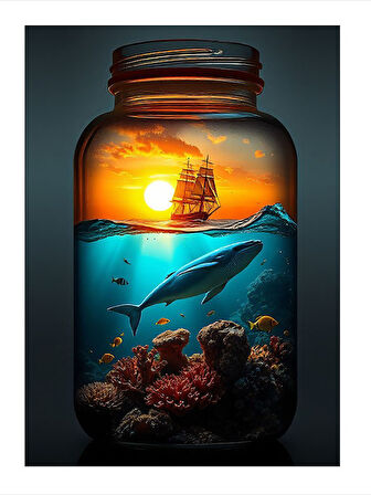 Cam Kavanozda Köpekbalığı Ve Gemi Dekoratif ahşap Tablo