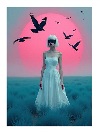 Pembe Gökyüzü Altında Yalnız Kadın Tasarım Mdf Tablo