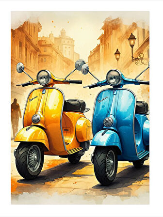 Renkli Retro Vespa Motosikletleri Dekoratif ahşap Tablo