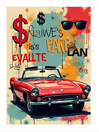 Renkli Araba Grafiti Poster Model Ahşap Tablo