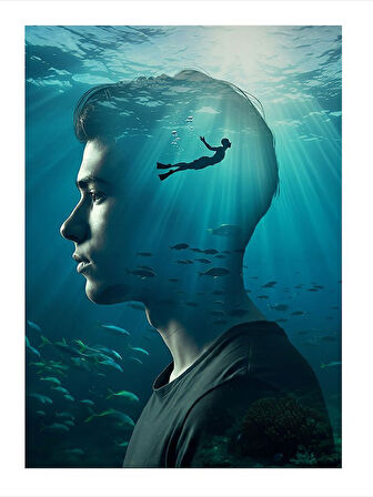 Su Altı Manzarası Ve Profil Silüet Desenli Mdf Tablo