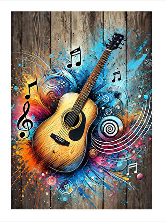 Müzik Ve Renklerle Akustik Gitar Modern Mdf Tablo