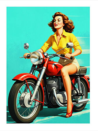 Kırmızı Motosiklet Süren Retro Kadın Desenli Ahşap Tablo