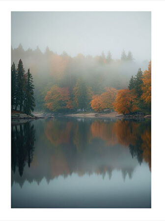 Doğada Sisli Göl Ve Ağaçlar Desenli Mdf Tablo