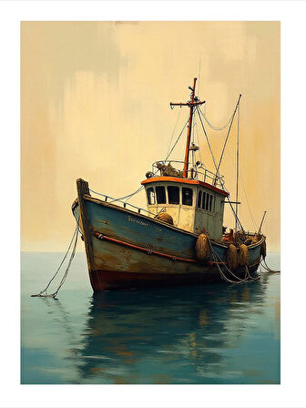 Balıkçı Teknesi Ve Sakin Deniz Dekoratif ahşap Tablo