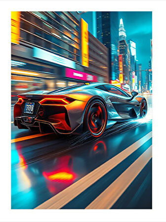 Renkli Gece Şehri Ve Hızlı Araç Dekoratif Mdf Tablo