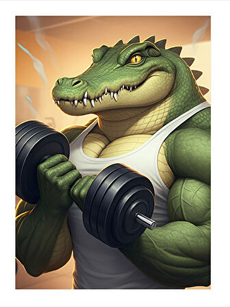 Dumbbell Kaldıran Kaslı Timsah Model Ahşap Tablo