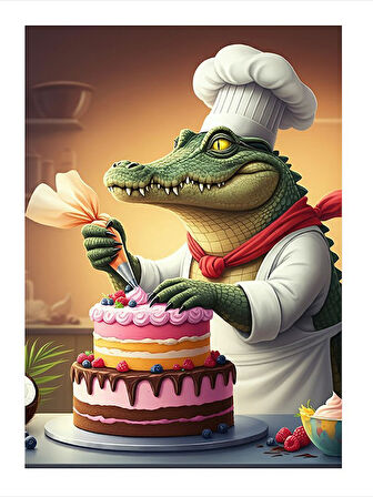 Pasta Hazırlayan Şef Timsah Tasarım Ahşap Tablo