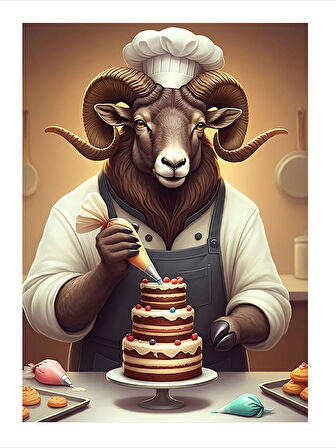 Kat Kat Pasta Hazırlayan Şef Koç Desenli Ahşap Tablo