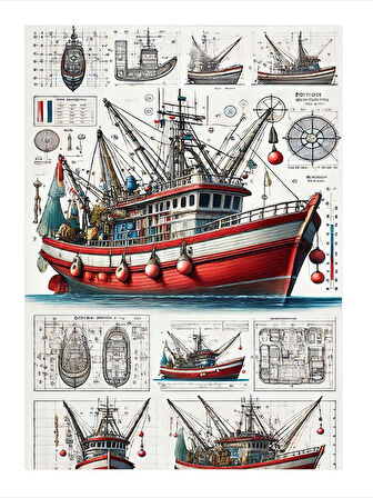 Teknik Çizimle Balıkçı Gemisi Mdf poster