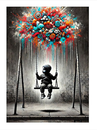 Balonlu Salıncakta Çocuk Tasarım Ahşap Tablo