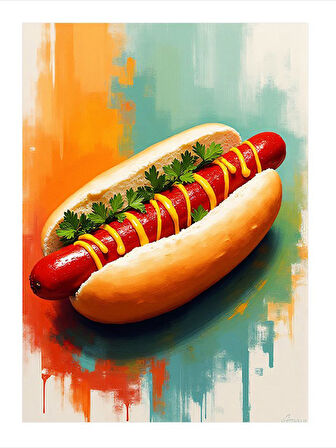 Sosisli Sandviç Çizimi Desenli Ahşap Tablo