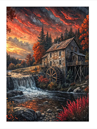 Doğa Manzarasında Su Değirmeni Hediyelik Ahşap Tablo