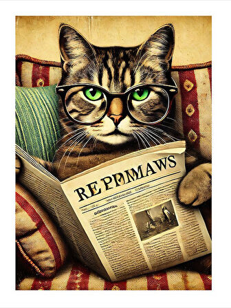 Gazete Okuyan Ciddi Kedi Model Mdf tablo