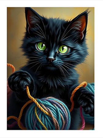 Yünle Oynayan Siyah Kedi Model Ahşap Tablo