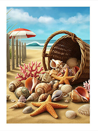 Kumdan Deniz Kabukları Ve Sepet Hediyelik Ahşap Tablo