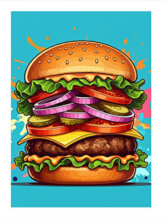 Renkli Burger Çizimi Hediyelik Mdf Tablo