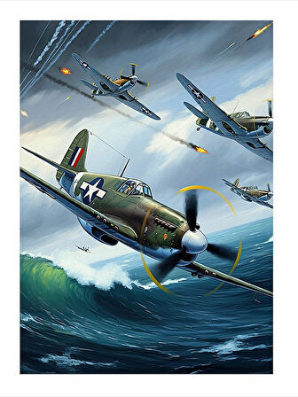 Havada Savaş Uçakları Hediyelik Ahşap Tablo