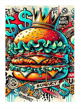 Renkli Fast Food Burger Çizimi Mdf Tablo