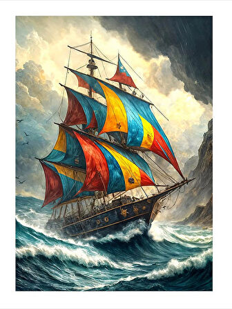 Yelkenli Gemi Dalgalarda Dekoratif ahşap Tablo