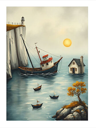 Yelkenli Ve Köy Manzarası Hediyelik Ahşap Tablo