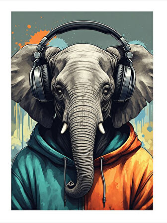 Kulaklık Takan Fil Desenli Mdf Tablo