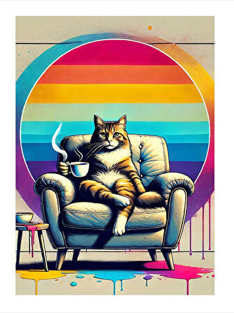 Kahve İçen Kedi Hediyelik Ahşap Tablo