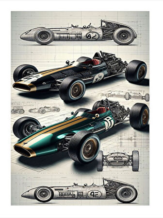 Klasik Yarış Arabaları Çizimi Art Mdf Tablo